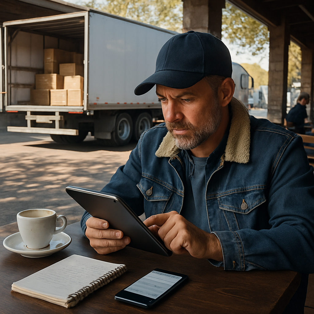 The image depicts a professional truck driver sitting at a caf table reviewing documents on a tablet Surrounding him are various items that illustrate-1